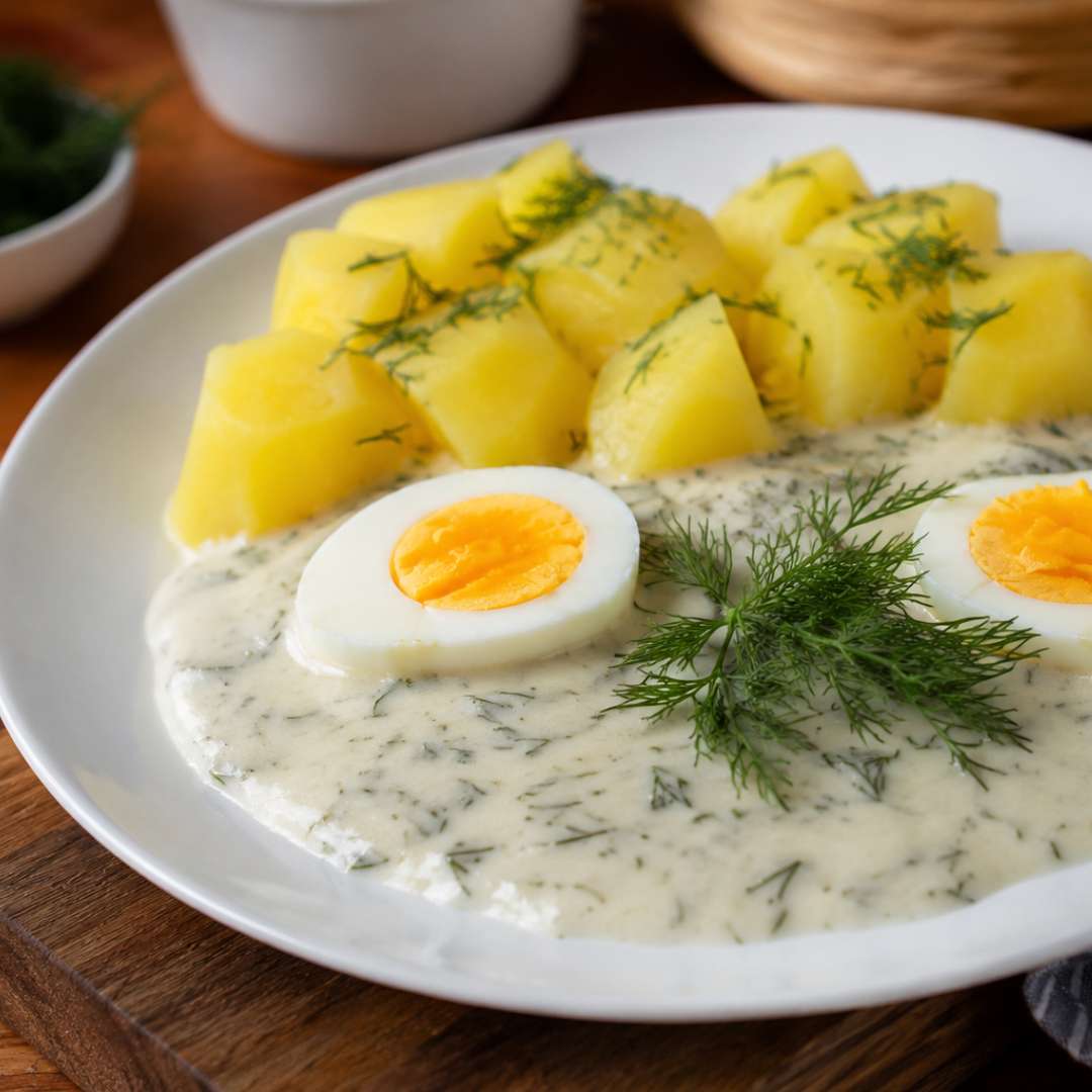 Tradiční koprová omáčka s vařenými bramborami a vejcem