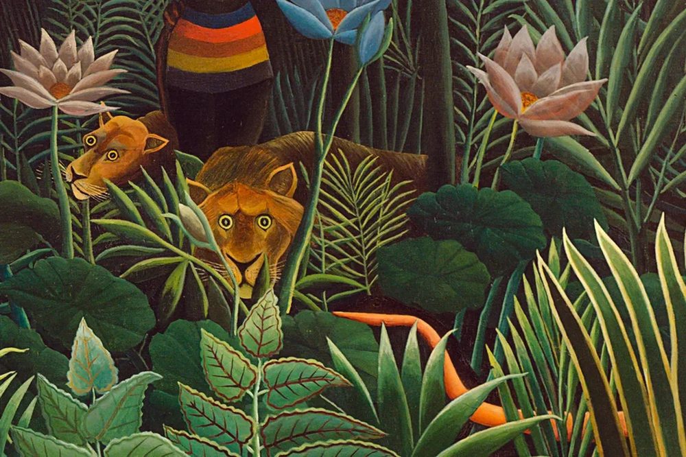 Henri Rousseau – detail obrazu se lvy a exotickou vegetací