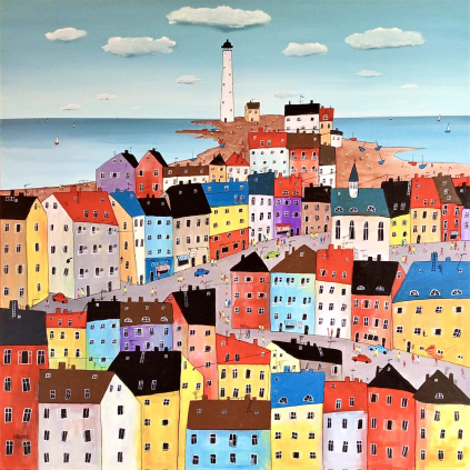 A small town with a lighthouse