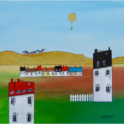 Krajina s domy a balónem, akryl, plátno 40x40 cm 2