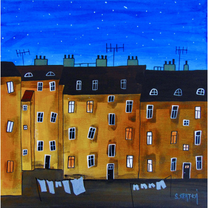 Suším prádlo při hvězdičkách, akryl, plátno 30x30 cm 2