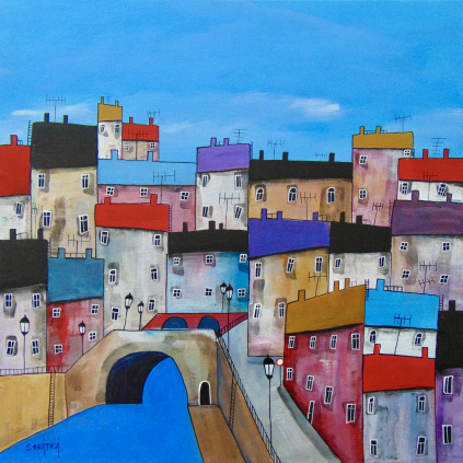 Dva mosty ve městě, akryl, plátno 50x50 cm 2