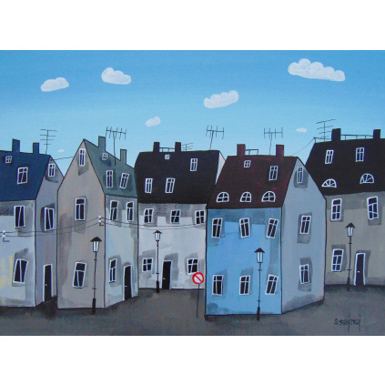 Ulice s pěti domy, akryl, plátno 40x30 cm