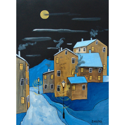 Zimní noc, akryl, plátno 30x40 cm