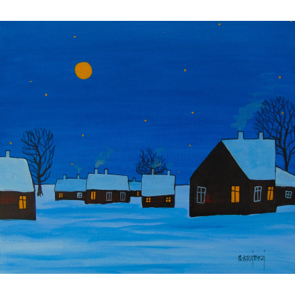 Zasněžené chalupy, akryl, plátno 35x30 cm