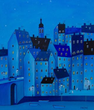 Noc v modrém městě, 50 × 60 cm 💙 Rozsvícená okna tiše napovídají, že i v nočním tichu se za nimi odehrávají malé...