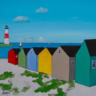 Plážové domky, 40 × 40 cm. Sněhu máme letos víc než dost… ❄️Tak co si na chvíli odskočit hlavou k moři? Barevné domky,...