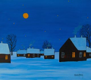 Zasněžené chalupy, 35x30 cm. 🌟 Dnešní den se označuje jako Blue Monday. 💙 Nejsmutnější den v roce…nebo prostě den v modré....