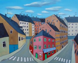 Hospůdka na růžku, 60 × 50 cm, akryl na plátně. Suchý únor? Hospůdka na růžku se tváří, že o tom neslyšela. 🍻 Místo, kde...