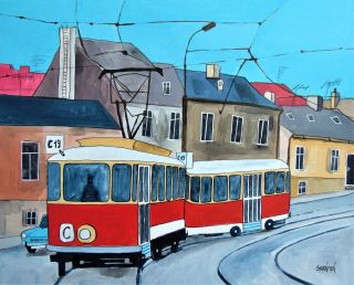 🚋 Příští stanice: prázdniny. ☀️ Tramvaj, akryl na plátně, 60 × 50 cm. Jsou tu nějací milovníci tramvají? ❤️ Právě tramvaje...