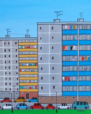 Paneláky, akryl na plátně, 40 × 50 cm.🏙️ Sídliště. 🏢 Někdo je miluje, někdo je nesnáší. Ale skoro každý má nějaké, které...