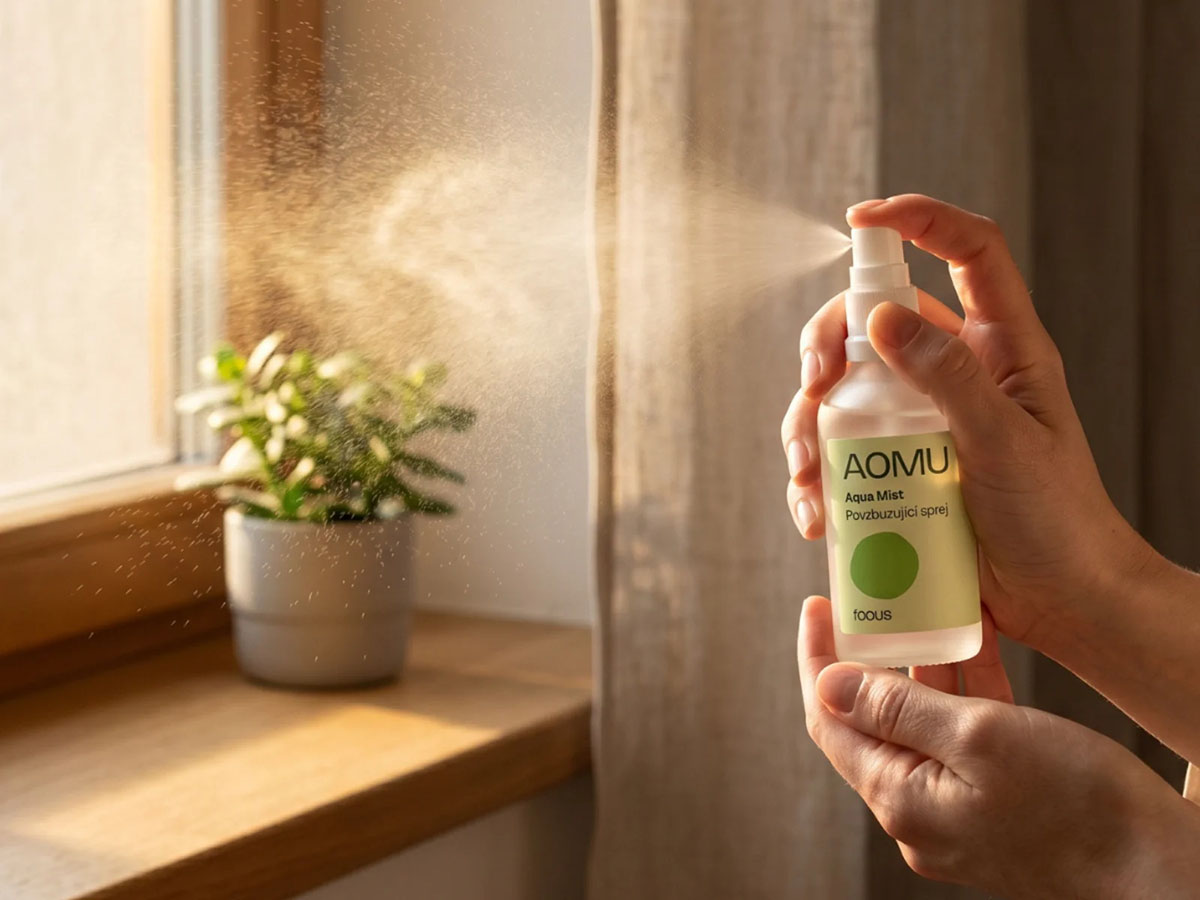 Použití povzbuzujícího spreje AOMU Focus Aqua Mist