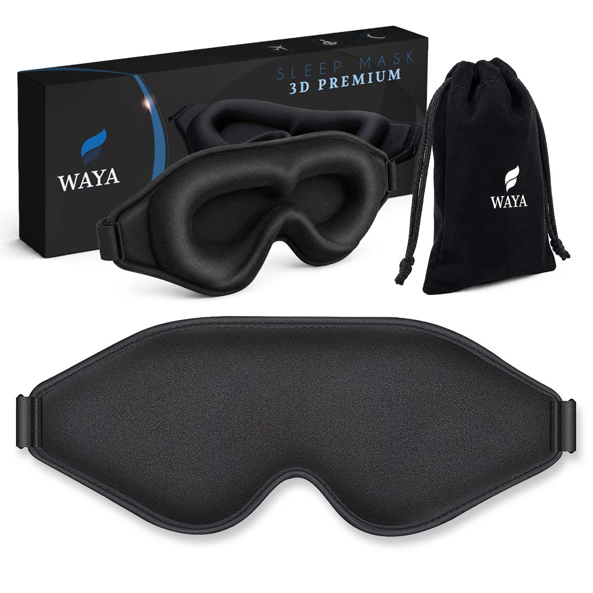 Černá maska na spaní Waya 3D Premium s pouzdrem