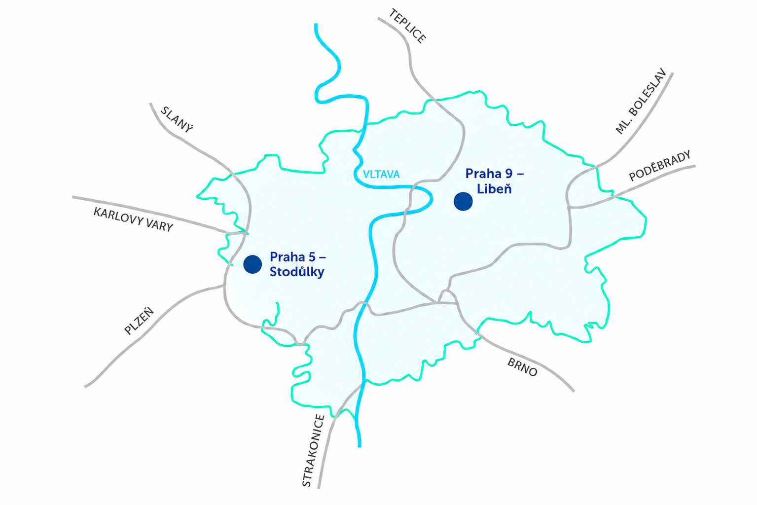 Mapa Prahy s prodejnami Sleep Centrum: Praha 5 – Stodůlky na západě u výpadovky na Plzeň a Karlovy Vary, Praha 9 – Libeň na severovýchodě u výpadovky na Mladou Boleslav a Poděbrady.