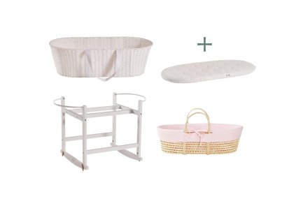 Ahojbaby sada mojžíšův koš s bílým houpacím stojanem, růžovým potahem a matrací zdarma