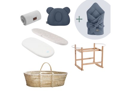 Mušelínová sada s košíkem a matrací XY + mušelínová zavinovačka zdarma PETROL&GREY