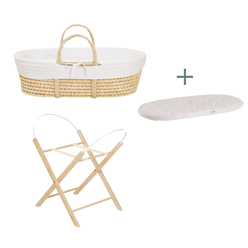 Ahojbaby sada Mojžíšův košík pro miminko Corn se skládacím stojanem natural, bílým potahem + matrací zdarma