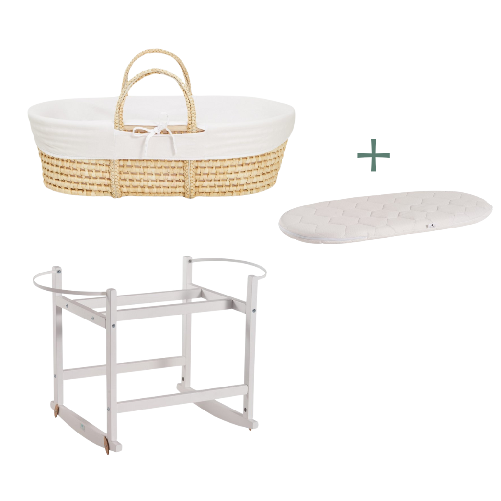 Ahojbaby sada Mojžíšův košík pro miminko Corn s houpacím stojanem White, bílým potahem + matrací zdarma