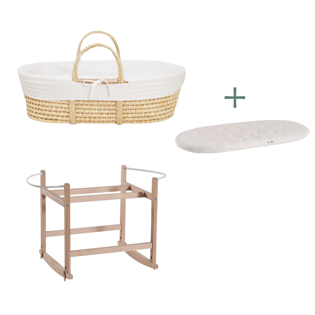 Ahojbaby sada Mojžíšův košík pro miminko Corn s houpacím stojanem natural, bílým potahem + matrací zdarma
