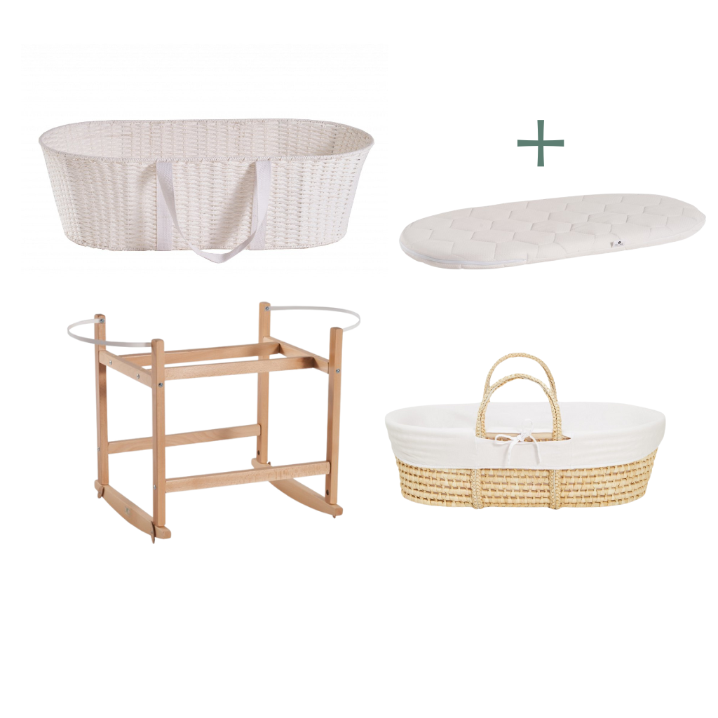 Ahojbaby sada Mojžíšův košík pro miminko Paper Dream s houpacím stojanem transparent bezbarvý lak, bílým potahem + matrací zdarma