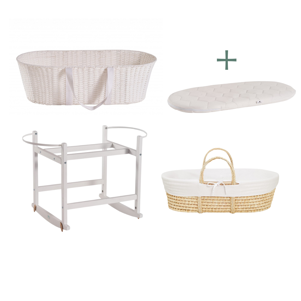 Ahojbaby sada Mojžíšův košík pro miminko Paper Dream s houpacím stojanem White, bílým potahem + matrací zdarma