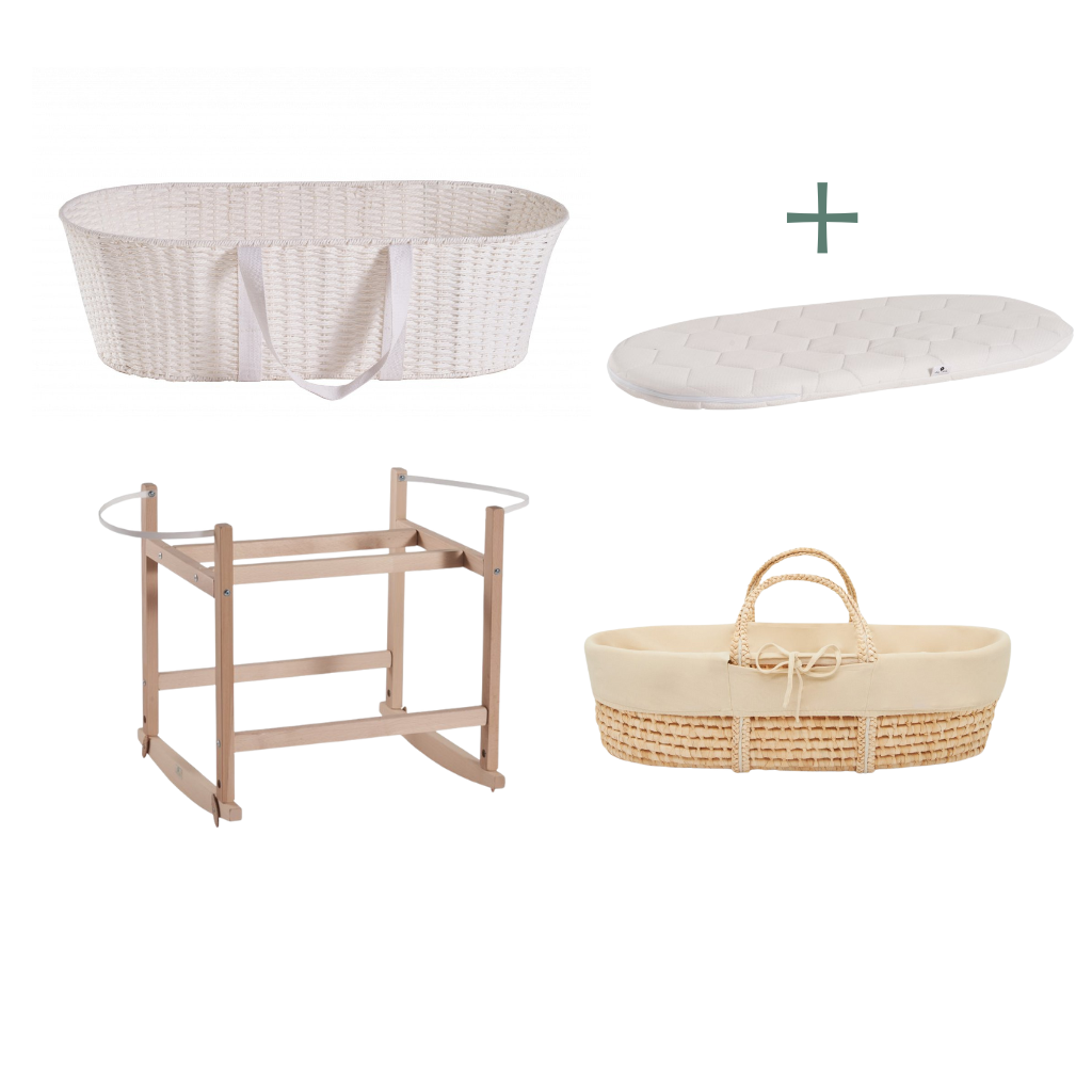 Ahojbaby sada Mojžíšův košík pro miminko Paper Dream s houpacím stojanem natural, béžovým potahem + matrací zdarma