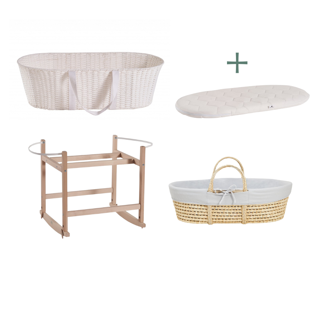 Ahojbaby sada Mojžíšův košík pro miminko Paper Dream s houpacím stojanem natural, šedým potahem + matrací zdarma