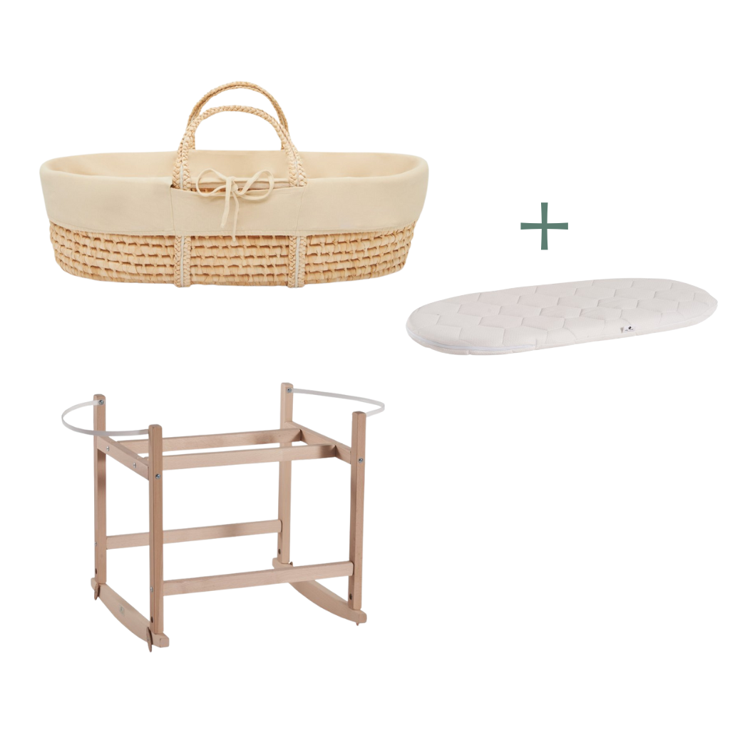 Ahojbaby sada Mojžíšův košík pro miminko Corn s houpacím stojanem Transparent, béžovým potahem + matrací zdarma
