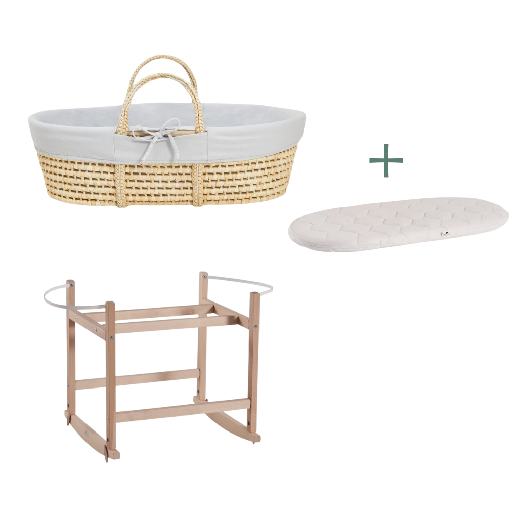 Ahojbaby sada Mojžíšův košík pro miminko Corn s houpacím stojanem Transparent, šedým potahem + matrací zdarma