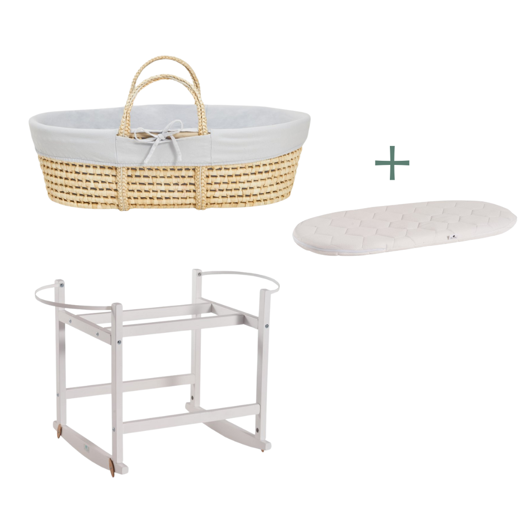 Ahojbaby sada Mojžíšův košík pro miminko Corn s houpacím stojanem White, šedým potahem + matrací zdarma