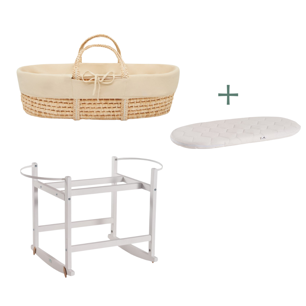 Ahojbaby sada Mojžíšův košík pro miminko Corn s houpacím stojanem White, béžovým potahem + matrací zdarma