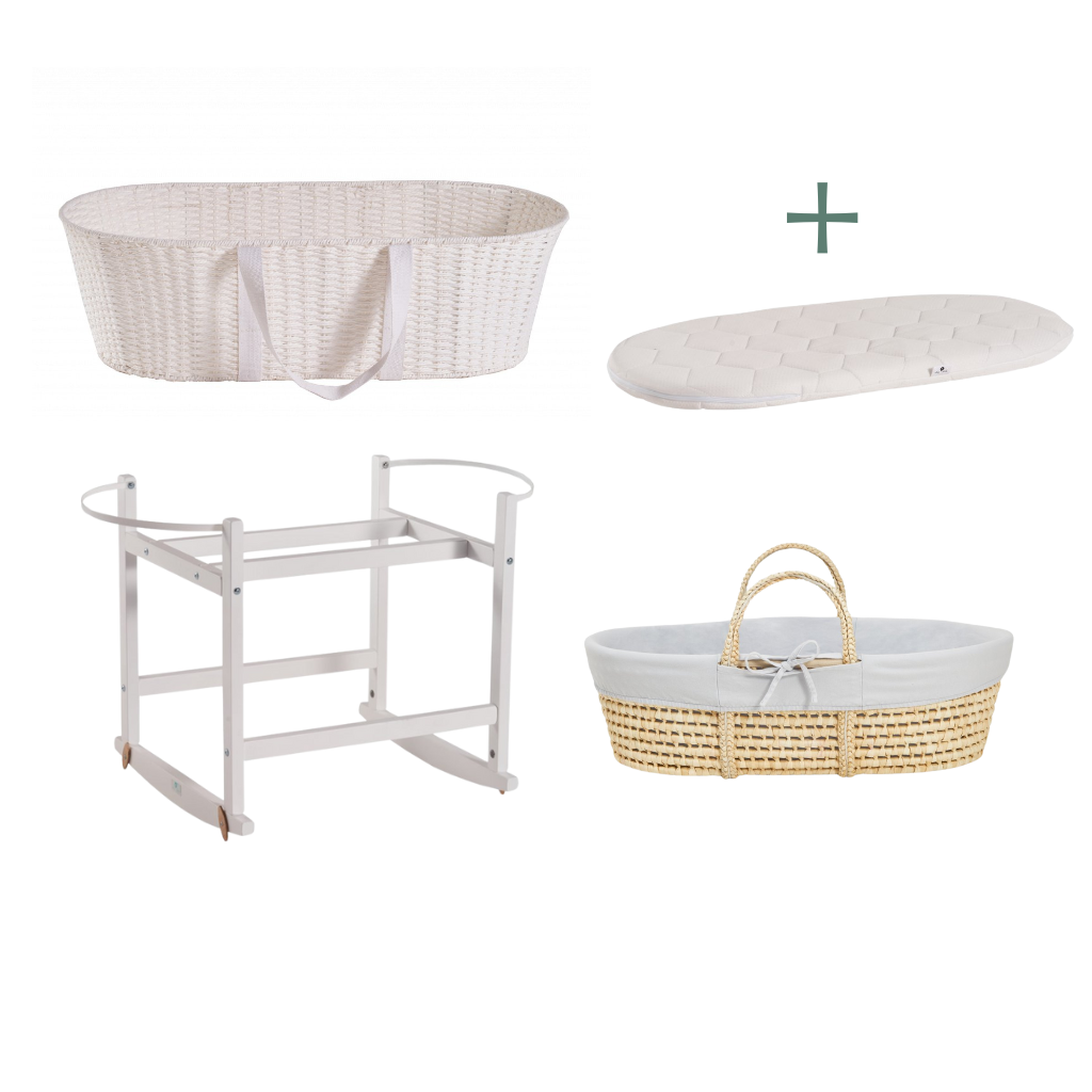 Ahojbaby sada Mojžíšův košík pro miminko Paper Dream s houpacím stojanem White, šedým potahem + matrací zdarma