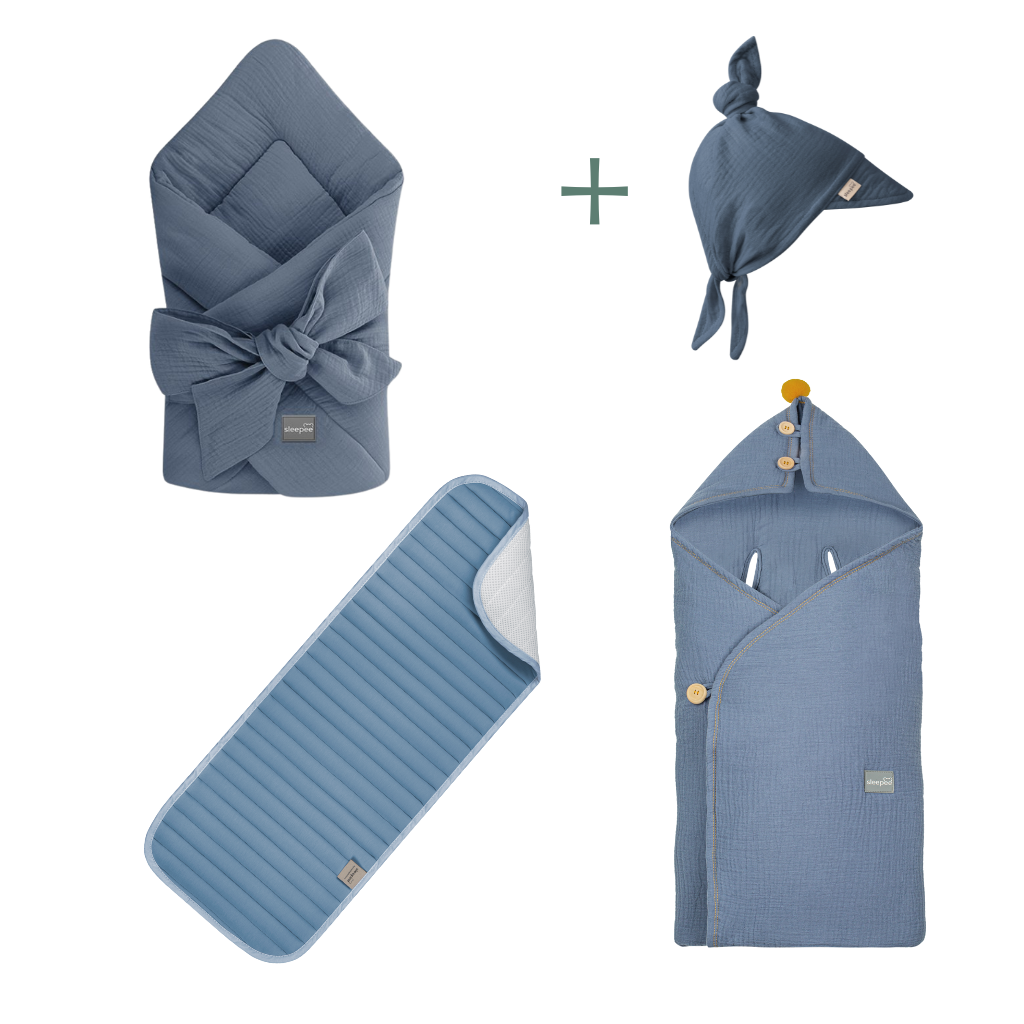 Mušelínová cestovní sada pro novorozence Sleepee Petrol s kloboučkem zdarma