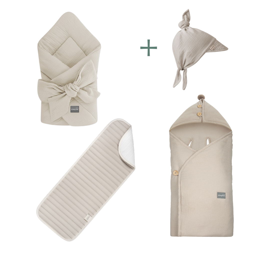 Mušelínová cestovní sada pro novorozence Sleepee Sand s kloboučkem zdarma