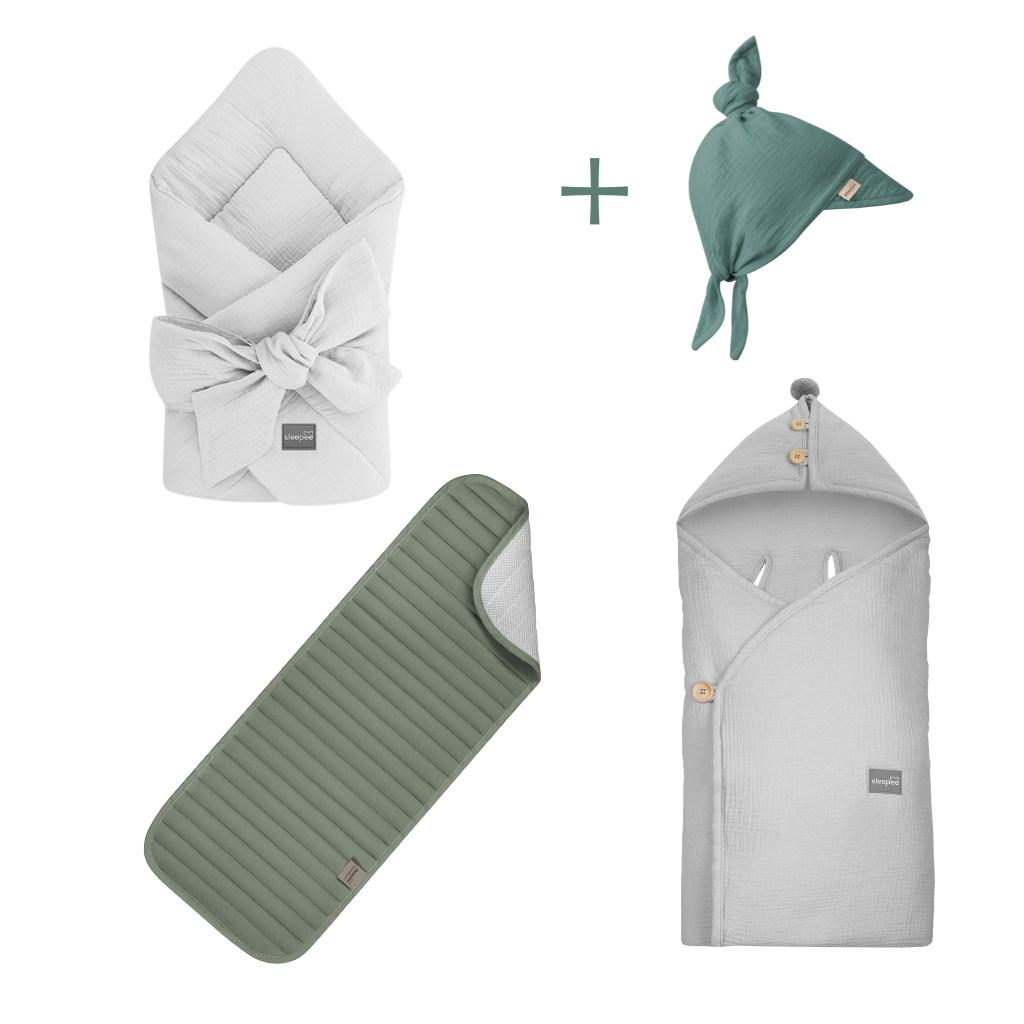 Mušelínová cestovní sada pro novorozence Sleepee Grey&Ocean green s kloboučkem zdarma
