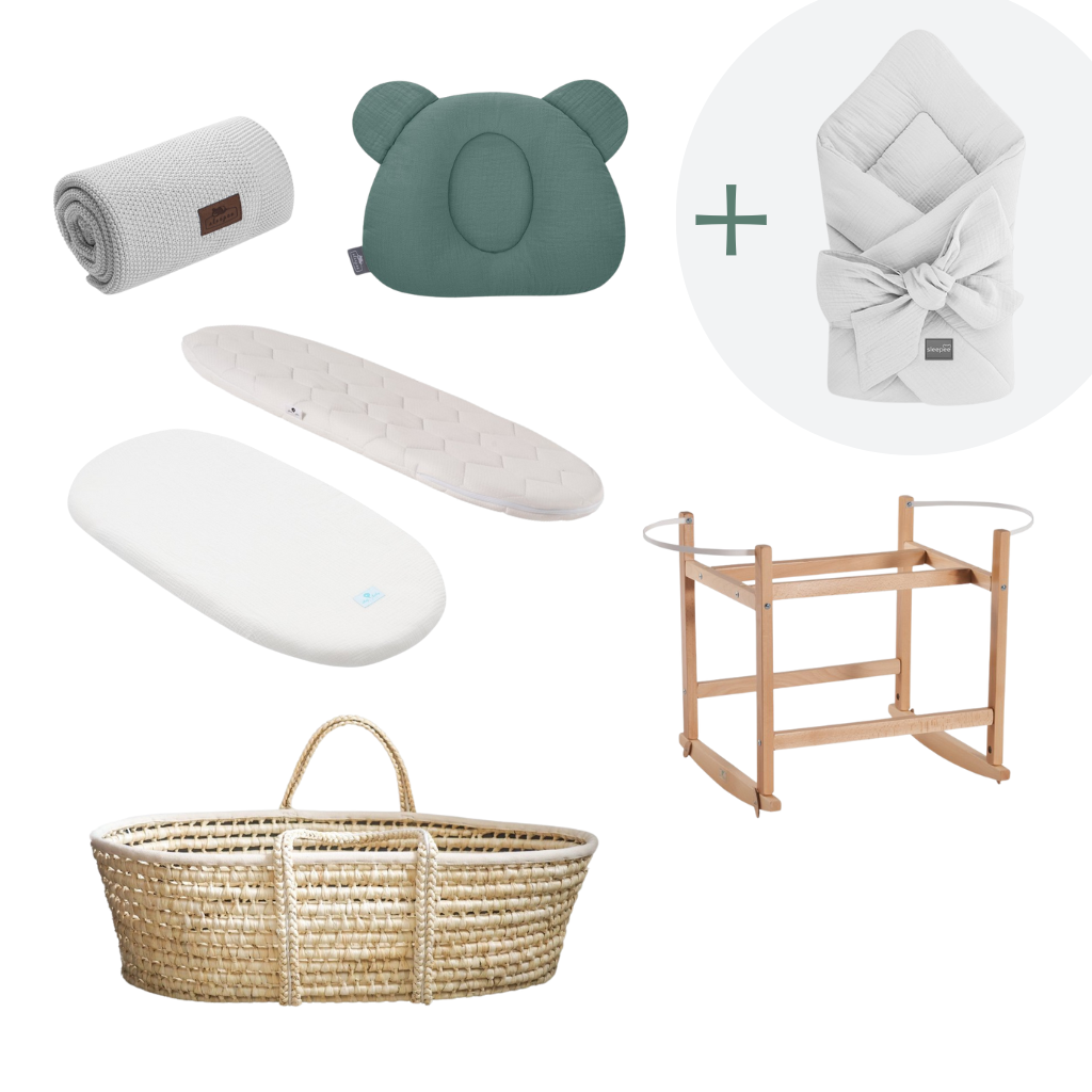 Ahojbaby Mušelínová sada s košíkem a matrací Ocean green&Grey + mušelínová zavinovačka zdarma