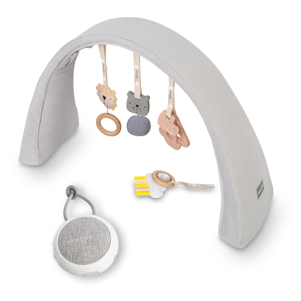 Nastavitelná hrazdička s hračkami a bílým šumem 2v1 Sleepee Grey