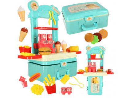 Dětská kuchyňka v kufříku fast food hamburgerová sada zmrzlina hranolky 55cm
