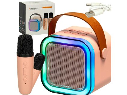 Karaoke set 2 mikrofony + přenosný reproduktor BLUETOOTH USB LED růžový