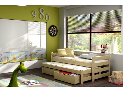 Dětská postel s přistýlkou a zábranou DOPLO PINE vč. roštů (Barva surové dřevo, Rozměr 90 x 200 cm)