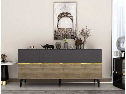 Komoda na nožičkách MARVIN antracit / ořech / zlatá