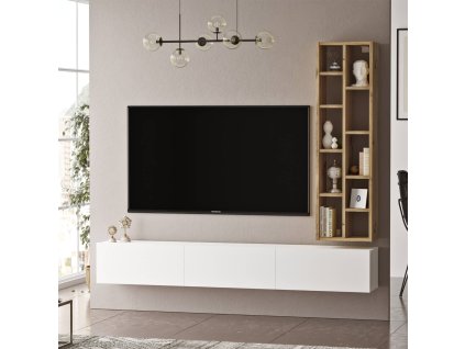 NIKITA závěsná TV skříňka s regálem, barva dub Left + bílá