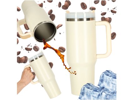 Kubek termiczny ze slomka i uchwytem termos 1200ml kremowy 174024