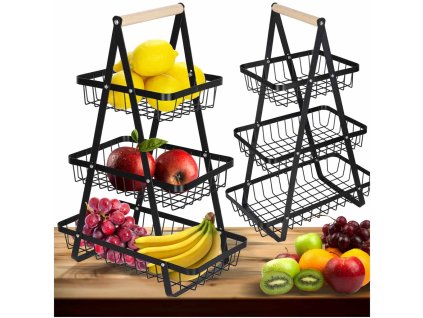 Kosz na owoce i warzywa pietrowy patera trzypoziomowa metal drewno 176621
