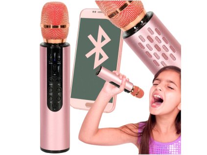 Mikrofon bezprzewodowy karaoke dla dzieci glosnik Bluetooth 2000mAh karta SD USB wysoka jakosc rozowy 176761