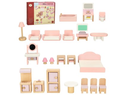 Mebelki do domku dla lalek salon sypialnia lazienka kuchnia drewniane rozowe 159626