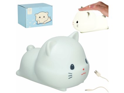 Lampka nocna dla dzieci silikonowa dotykowa miekka USB biala kotek lezacy 165761