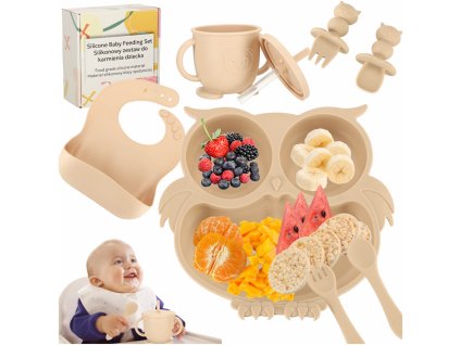 Naczynia silikonowe dla dzieci sowa zestaw 8 elementow bezowy 167251