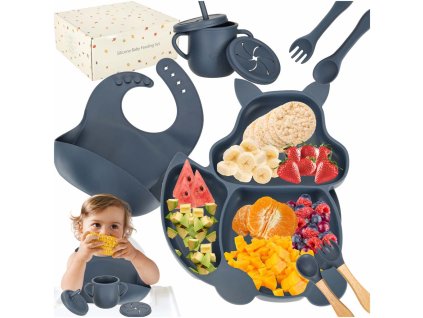 Naczynia silikonowe dla dzieci wiewiorka zestaw 9 elementow ciemny niebieski 167238