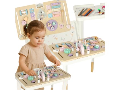 Tablica manipulacyjna LULILO LUDO stolik drewniany sensoryczny rozowy 176273